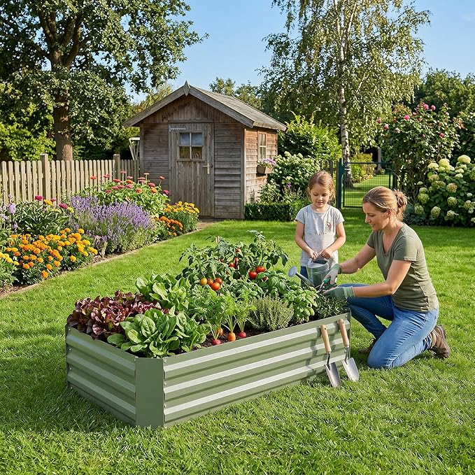 Aoodor 4 x 2 x 1 ft Outdoor Raised Garden Bed, Reinforced Galvanized Steel Planter Box for Vegetables, Flowers,Fruits and Herbs