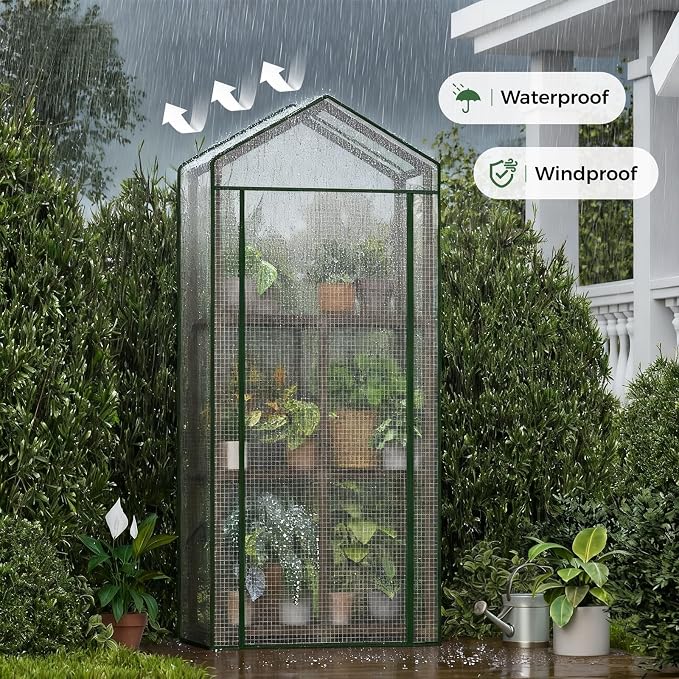 Bamworld Greenhouse for Outdoors Mini Greenhouse Indoor 3-Tier Plant Stand Portable Green Houses with PE Cover Durabled 23 x 17 x 54-Inch Wood Frame Invernaderos para Plantas