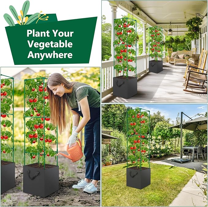 2 Pack Tomato Cages for Garden, 49 Inch Tall Tomato Cage with 7 Gallon Planter Bags, Plant Support Trellis Frames for Garden Cucumber Vegetables Plants Climbing Outdoor Indoor