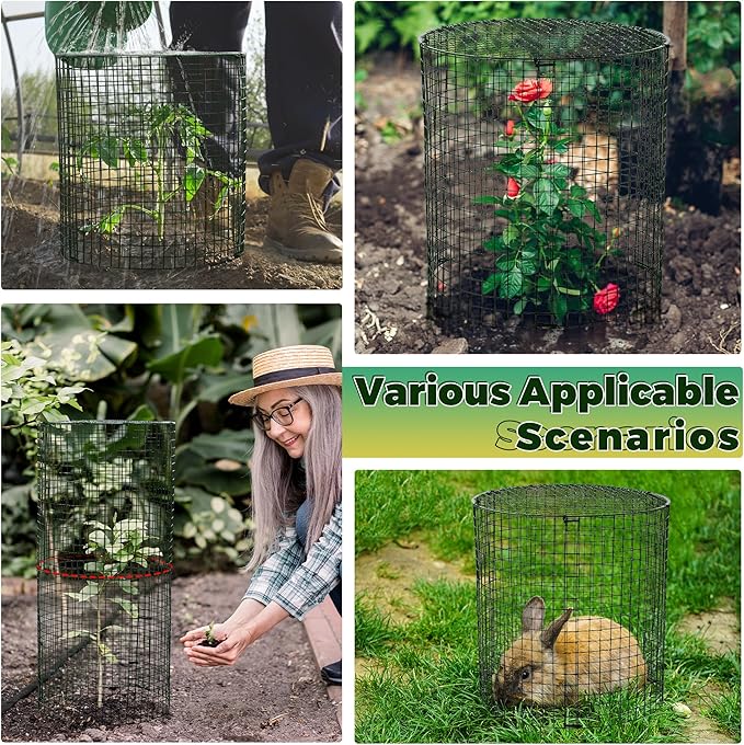 Hiboom 6 Set Garden Plant Protectors from Animals with Stakes, Metal Mesh and Detachable Covers Wire Plant Cage for Keeping Bunny Animals Out, Chicken Wire Cover Garden Protection (15.7x13)