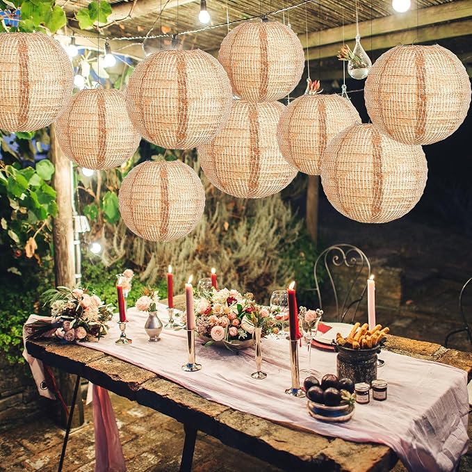 Hortsun 12 Pcs Print Burlap Paper Lanterns Round Chinese Paper Lanterns Farmhouse Boho Classroom Home Decor Classroom Sweet Birthday Party Ceremonial Event (8/10 Inch)