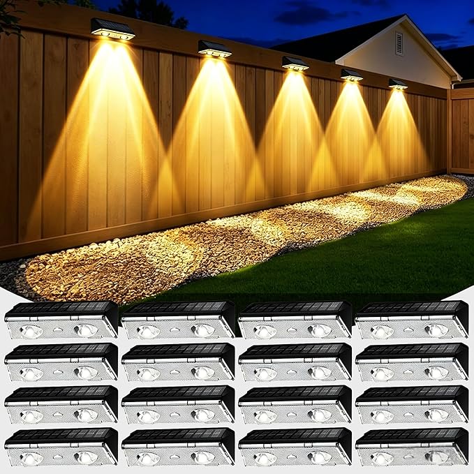 KEILAIMO Solar Fence Lights Outdoor, IP65 Waterproof Fence Lights Solar Powered with Ultra-Bright LED Lens, 9 Color Modes, 12+ Hours Steady Glow for Deck/Backyard/Patio/Pool/Wall - 16 Pack, Coal Black
