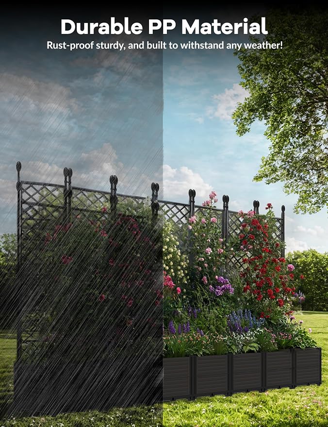 Patikuin 7-Section Sturdy Weather-Resistant Raised Garden Bed with Metal Trellis, Vertical Modular Planter Box & Privacy Screen for Climbing Plants, Vegetables, Flowers