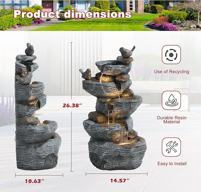 5 Tiers Garden Fountain Outdoor, 26.4" Rock Waterfall Feature with 4 LED Lights, Modern Resin Fountain Freestanding with Pump and Dicky Bird for Indoor and Porch Patio, Home Art Decor, Grey