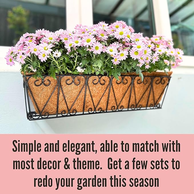 LaLaGreen Outdoor Wall Planters - 2 Pack, 30 Inch Deck Railing Hanging Pot, Over the Rail Window Flower Boxes Black Plant Basket Attach to House with Coco Liner Metal Fence Balcony Patio Porch