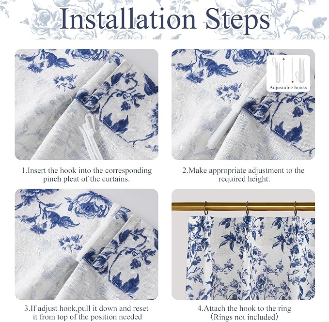 StangH Blue Cafe Curtains 36 Inch Length, Pinch Pleated Peony Floral Small Window Treatment, Elegant Farmhouse Tier Curtains for Kitchen & Bathroom, W26xL36,2 Panels