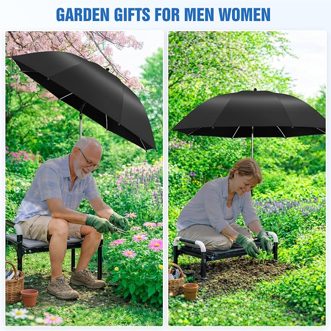 Garden Kneeler Umbrella,42” Large Chair Umbrella with Universal Clamp, 360°Swivel and UPF 50+ Protection,Folding Clip on Umbrellas for Garden Seat Bench Beach Chairs Strollers Golf Carts, NO KNEELER