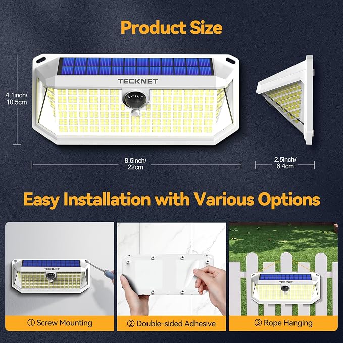TECKNET 416 LED Solar Powered Outdoor Lights, 300° Angle & 3 Lighting Modes Motion Sensor Light Outdoor, Security Solar Lights Waterproof - 4 Pack, White, Cold Light
