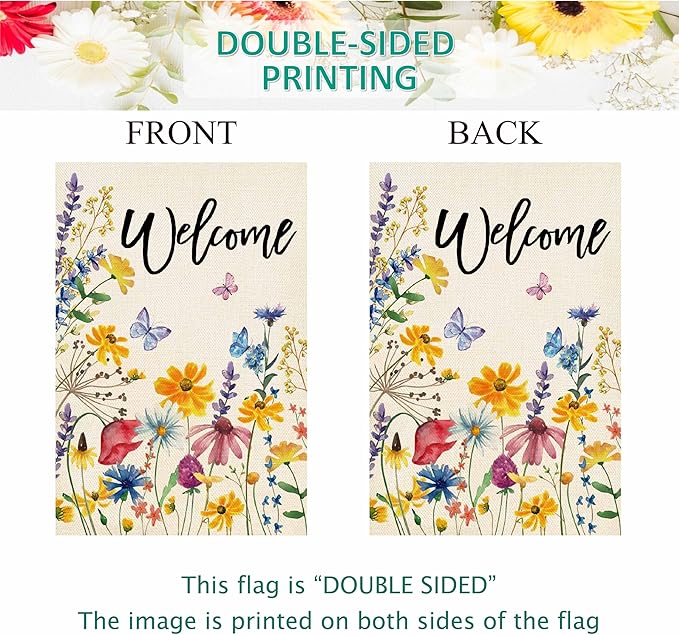 Baccessor Spring Summer Garden Flag Welcome Floral Leaves Double Sided Yard Flag Heavy Duty Seasonal Flowers Butterfly Outdoor Outside Patio Decoration 12.5x18 Inch