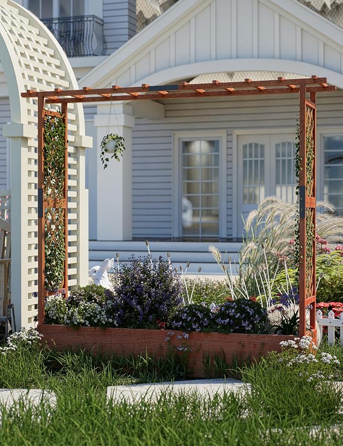 GarveeLife Raised Garden Bed with Trellis, 72 in Wood Planter Box with Side Trellis, Hanging Roof, and 4 Drainage Holes, Freestanding Elevated Garden Bed for Climbing Plants, Vines, Flowers