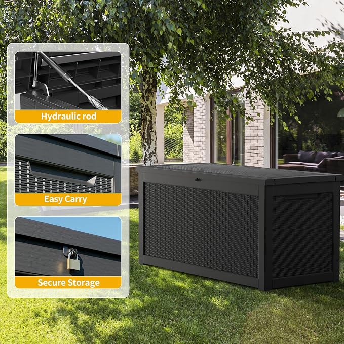 TARKARI 320 Gallon Outdoor Storage Box Waterproof, Resin Deck Boxes with Lockable Lid & UV-Resistant for Patio, Pool, Garden Furniture Cushions & Accessories, Black