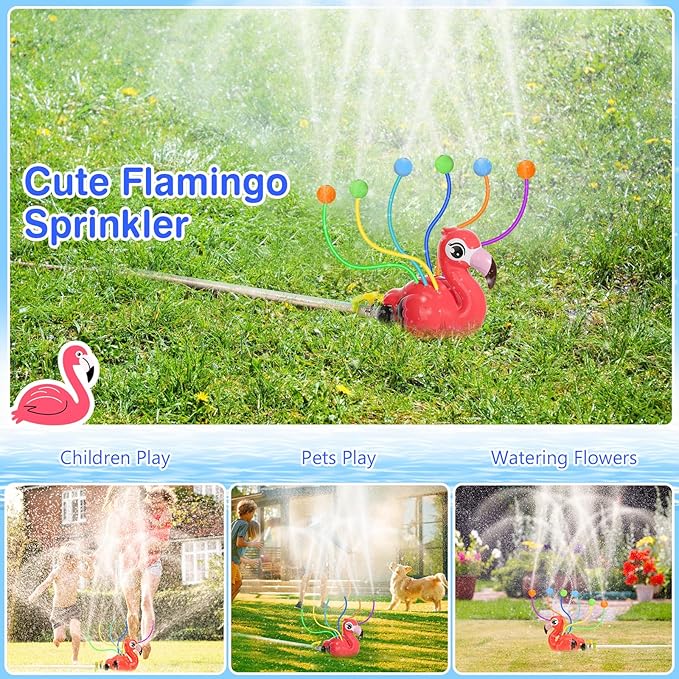 MoKo Water Sprinkler for Kids,Cute Spray Flamingo Toys with 6 Wiggle Tubes 6 Sponge Balls 1 Hose Clamp Outdoor Summer Sprinklers for Garden Backyard Lawn Splashing Fun Toys for Pet, Red Flamingo