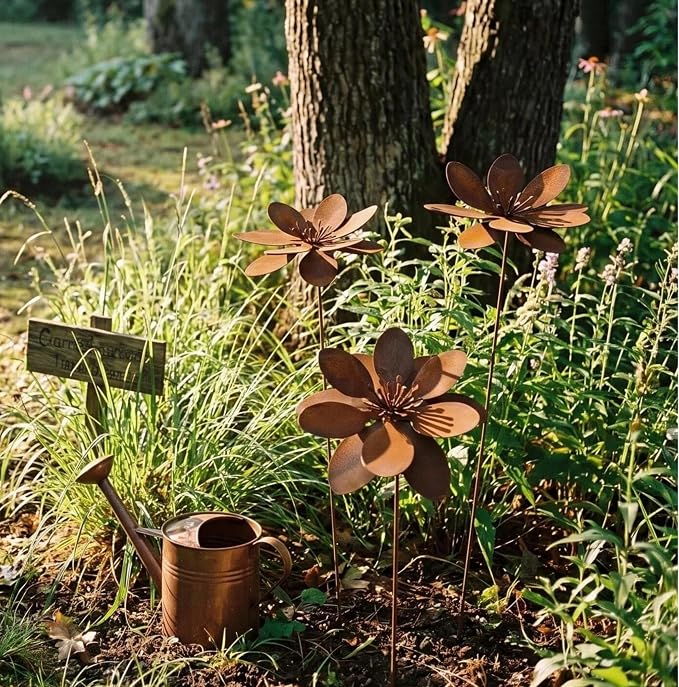 Rustic Metal Coneflower Garden Stakes, Set of 3, Rusted Iron Daisy Yard Art, 14x4 Inch, Weather-Resistant Lawn Pathway, Patio Decor (Brown)