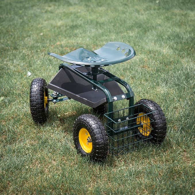 Rolling Scooter Garden Stool Cart with Tool Storage Basket & Swivel Seat Heavy Duty Gardening Planting