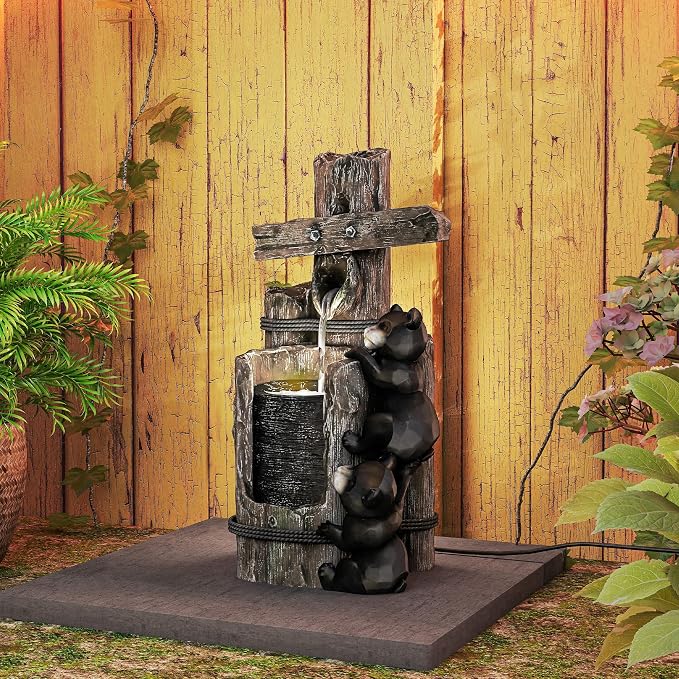 Outsunny 22.8" Tall Outdoor Water Fountain, 3-Tier Floor Standing Resin Bears on Log Waterfall Fountain with LED Lights, Pump for Garden, Patio, Backyard