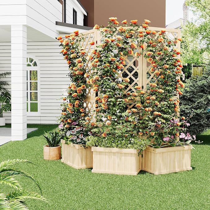 Cedar Privacy Screen with Planter Box - 3-Panel Freestanding Garden Fence, 62 in x10 in x65 in Tall Outdoor Divider with Drain Holes & Raised Bed for Patio, Deck & Backyard (Natural Wood)
