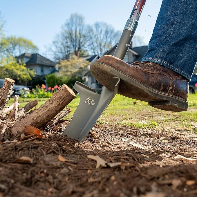 Root Slayer 22511 XL Garden Shovel with Serrated Blade for Digging and Root Cutting, Fiberglass Shaft, Heavy Duty Steel Spade, Red