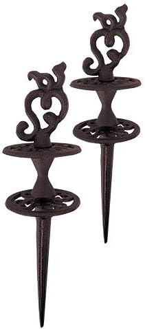 Esschert Design Cast Iron Scrollwork Hose Guides, Pack of 2 – Decorative Garden Hose Protectors with Scroll Topper & Dual Discs, Heavy-Duty Cast Iron Stakes for Landscaping & Flowerbed Protection