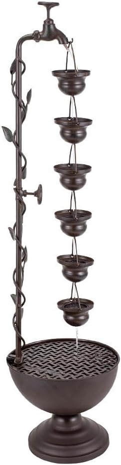 39" Tiered Water Fountain Outdoor 6 Hanging Cups Vintage Waterfall Fountain, Rustic Metal Outside Water Fountain for Garden Patio Yard Porch Decor
