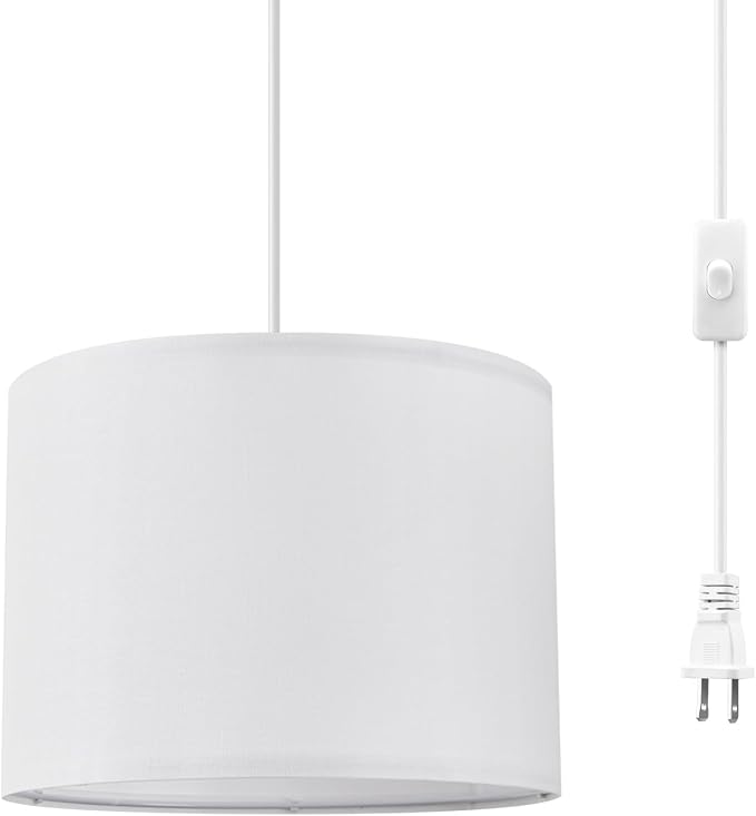 KUAUGST Plug in Pendant Light, 15 FT Hanging Lamp with Plug in Cord, On/Off Switch, Pendant Lighting with Fabric Shade, Hanging Light Fixture for Living Room, Bedroom, Dining Room, Kitchen (White)