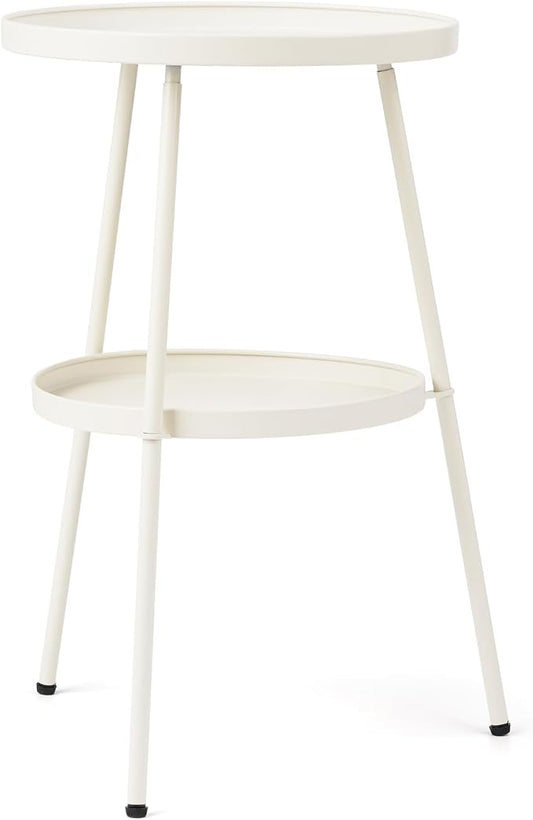 Outdoor Side Table 2 Tier End Table Metal Round Coffee Tables Nightstand for Small Spaces Indoor Outdoor and Living Room Bedroom or Office (White)