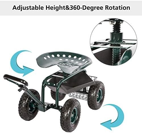 KINTNESS Garden Cart Seat Rolling Scooter Wagon with Extendable Steering Handle Swivel Seat & Utility Basket (Green