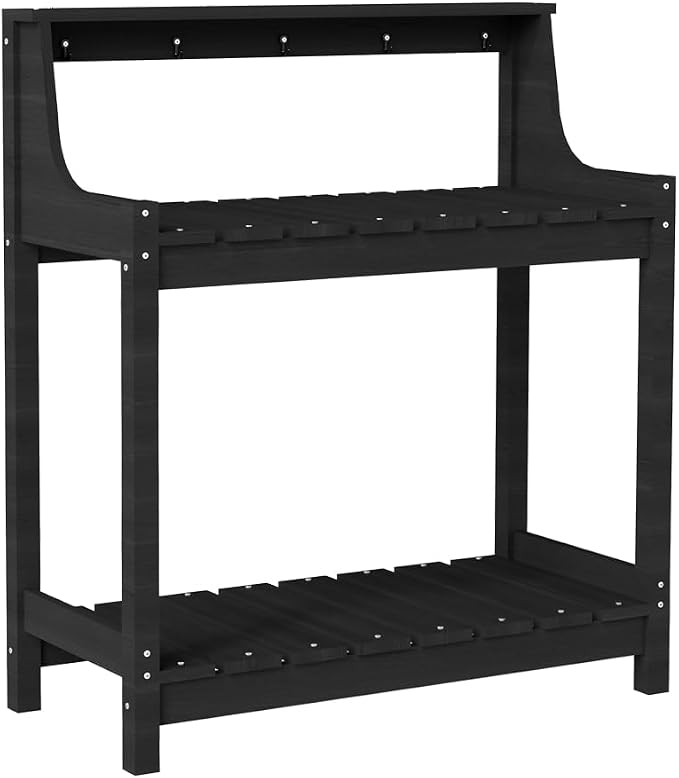 Potting Benches for Outside, HDPE Garden Potting Table All Weather, Outdoor Potting Table with Storage for Patio, Backyard, Garden, Black