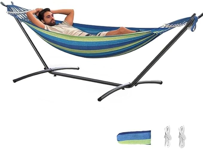 ANAGOO Double Hammock with Stand, 2 Person Hammock with Anti-Rollover Spreader Bar, Adjustable Height Heavy Duty Steel Stand, 500LB Capacity Portable Hammock for Patio Backyard Camping, Wide Blue