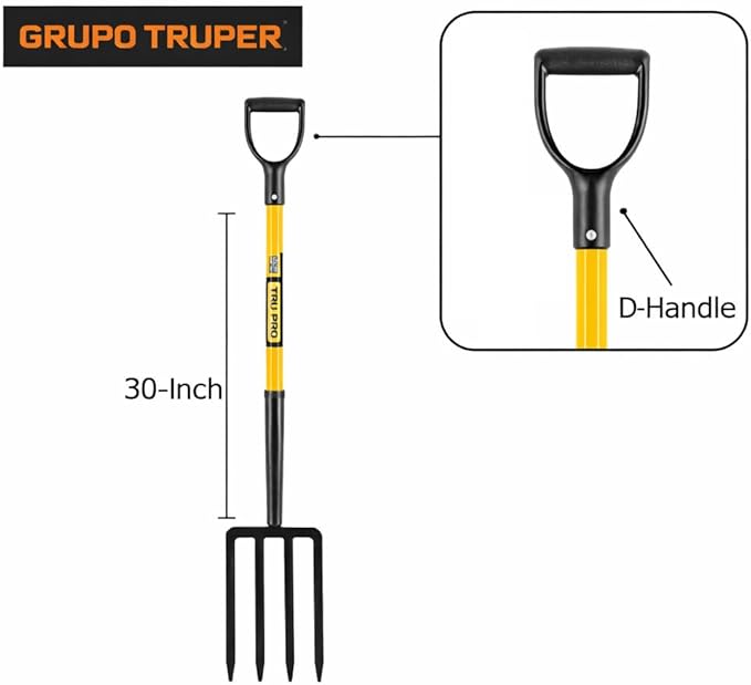 Truper Tru Pro 4-Tine Spading Fork, 30-Inch Heavy-Duty Fiberglass Handle with D-Grip, Professional Forged Steel Digging and Aerating Tool (Model BJ-4F / 30299)