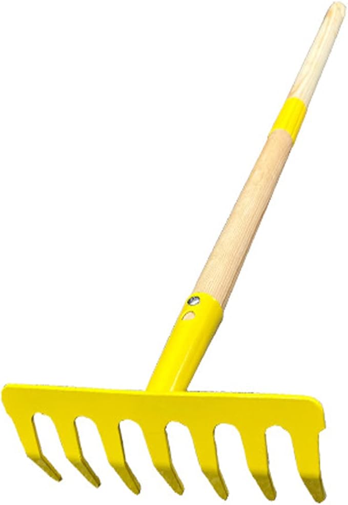 Kids Garden Lawn Tine Rake-Small Lawn Heavy Rake with Metal Tines, 28.8 inches/73cm Length, Wooden Handle, for Kids Garden Labor(Pink) (Yellow)