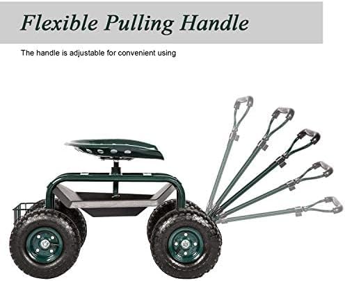 KINTNESS Garden Cart Seat Rolling Scooter Wagon with Extendable Steering Handle Swivel Seat & Utility Basket (Green