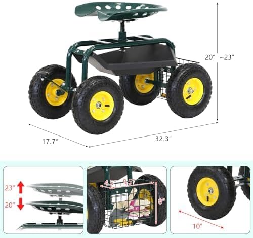 Kintness Garden Cart Rolling Wagon Scooter for Planting Swivel Work Seat with Tool Storage Utility Basket, Garden Scooter with 10" inch Wheel for Garden