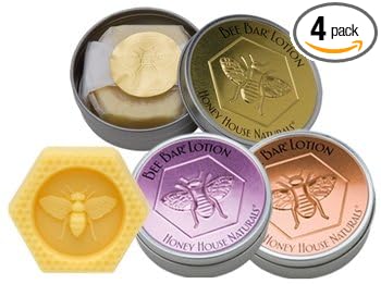 Honey House Bee Bar Natural Solid Lotion Bar 0.6 Oz - New in Embossed Tin Case - Assortment of 4 Bars