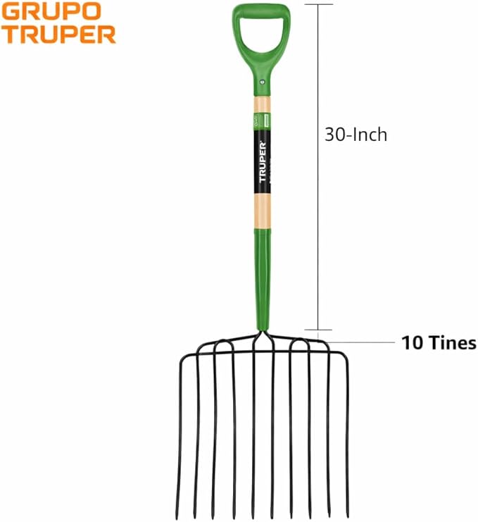 Truper TruTough Ensilage Fork, Manure/Bedding Fork, 10 Tines, 30-Inch Wood Handle with Poly D-Handle (Model BPJ-10/30330)