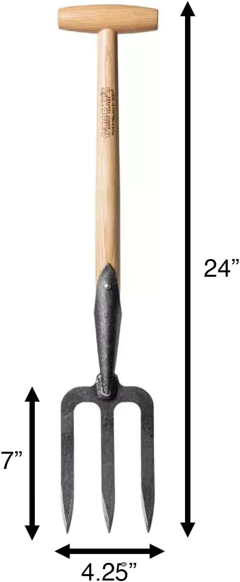 DeWit Perennial Fork with Short T-Handle – Hand Garden Fork for Digging, Dividing & Separating Plants, Tempered Boron Steel with Ash Hardwood Handle
