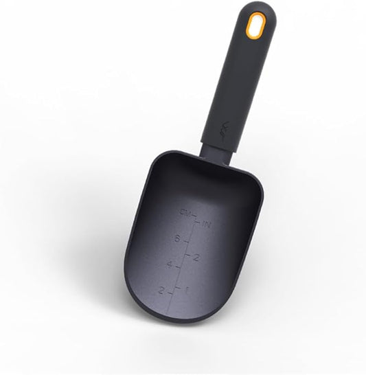JIMIHOME Aluminum Alloy Garden Soil Scoop - Heavy Duty Hand Trowel with Measurement Marks, Rust Resistant Shovel for Potting, Digging, Transplanting, Pet Food & Beach Sand - Minimalist Black