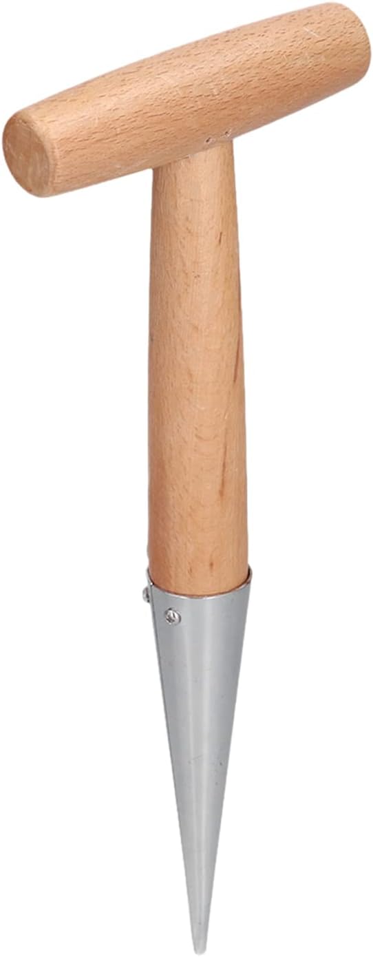 Dibber Tool for Planting Bulbs and Seeds with T Handle Stainless Steel Tip Wooden Shank Digging Transplanting Weeding Gardening