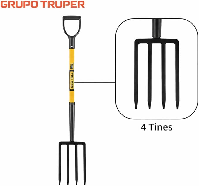 Truper Tru Pro 4-Tine Spading Fork, 30-Inch Heavy-Duty Fiberglass Handle with D-Grip, Professional Forged Steel Digging and Aerating Tool (Model BJ-4F / 30299)