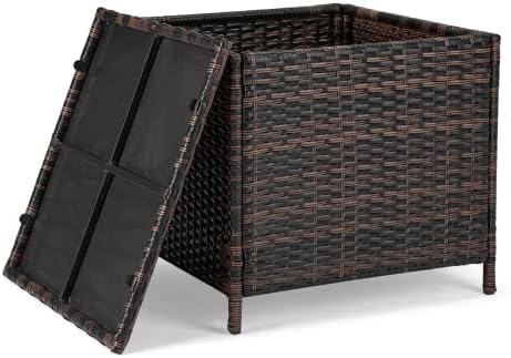 Outdoor Table with Storage, 27 Gallon Wicker Outdoor Storage Box Patio Side Tables for Outside Porch Poolside Deck Garden， Brown
