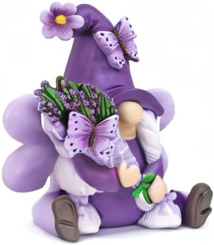 Lavender Gnome Spring Summer Decor, Fairy Garden Gnome with Butterfly & Lavender Bouquet, Purple Gifts for Women Yard Porch Flower Bed Decor