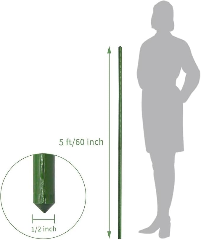 Growsun 5ft Garden Stakes Plant Cage Supports Tomato Trellis Climbing Metal w/Plastic Coated, Pack of 50