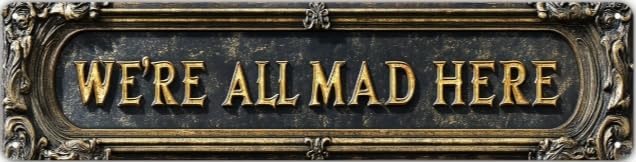 "We're All Mad Here" Sign, Alice in Wonderland Street Sign Decor, Vintage Gold Metal Wall Art, 16x4 Inch Rustic Farmhouse Bar Cafe Bedroom Unique Gift