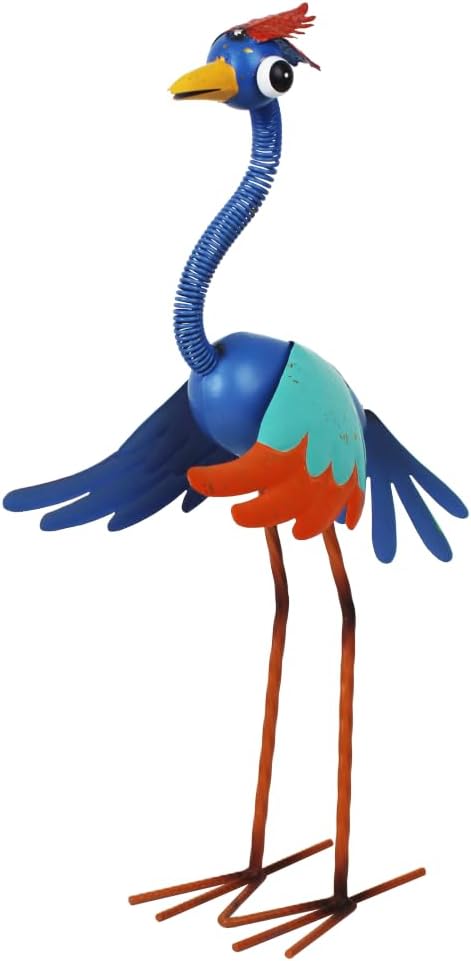 Metal Wacky Heron Garden Statue, 19‘’ Crane Garden Decor for Outside, Bird Yard Art for Outside, Patio, Backyard, Lawn (Blue & Cyan)