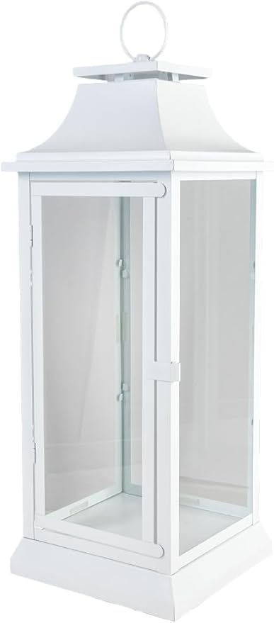 Serene Spaces Living White Hurricane Lanterns with Clear Glass Panels, Perfect for Home Decor, Parties & Events, Table Top Or Hanging Lantern for Indoor & Outdoor, 9.5" Square & 25" Tall