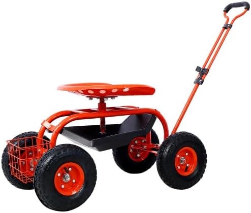 Heavy Duty Garden Cart Rolling Scooter with Adjustable Swivel Seat, 360° Rotation, 10" Pneumatic Tires, Extendable Steering Handle & Tool Basket – Outdoor Yard Gardening Seat with Storage Tray (Red)
