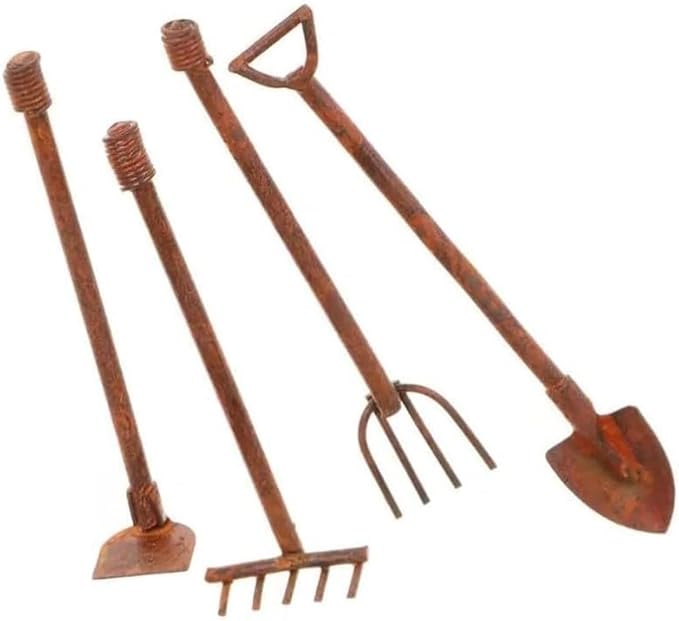 4 Pcs Miniature Dollhouse Garden Tools 1:12 Mini Rusty Shovel Hoe and Pitchfork Fairy Garden Accessories Furniture Ornaments Micro Landscape Decor Garden Sculptures Statues, Decorations