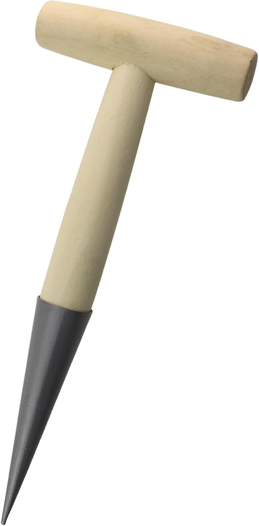 11-inch Manual Hole Digger T-Shaped Pointed Cone Fertilizer and Seed Planter Gardening Tool with Wooden Handle Handheld Digging Tool for Transplanting Tulips Bulbs Seedlings Flowers