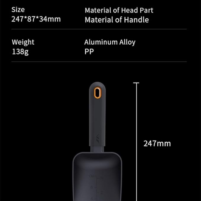 JIMIHOME Aluminum Alloy Garden Soil Scoop - Heavy Duty Hand Trowel with Measurement Marks, Rust Resistant Shovel for Potting, Digging, Transplanting, Pet Food & Beach Sand - Minimalist Black