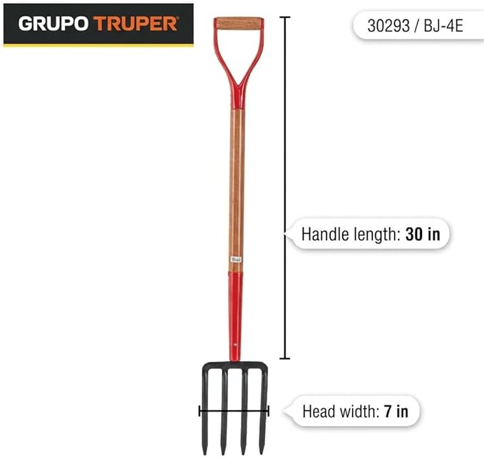 Truper Spading Fork, 4-Tine Steel Head, 30-Inch, Wood D-Handle, Heavy-Duty Garden & Landscaping Digging Fork (Model 30293)