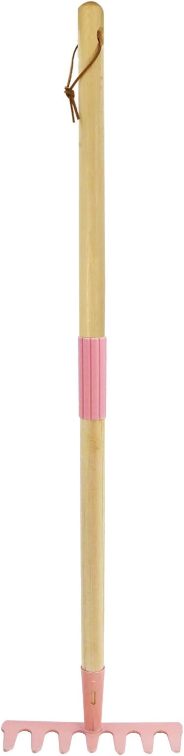 Kids Garden Lawn Tine Rake-Small Lawn Heavy Rake with Metal Tines, 28.8 inches/73cm Length, Wooden Handle, for Kids Garden Labor (Pink)